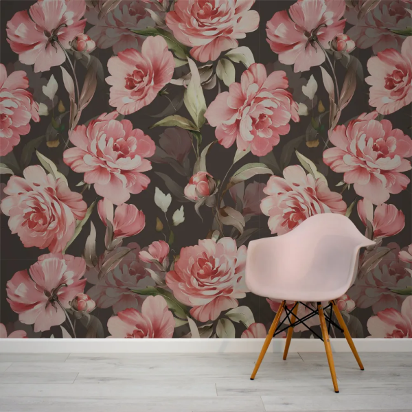 Papel de Parede Rosas Pink e Folhas Verdes MP