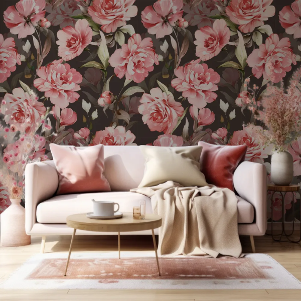 Papel de Parede Rosas Pink e Folhas Verdes MP