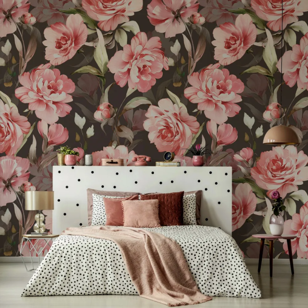 Papel de Parede Rosas Pink e Folhas Verdes MP