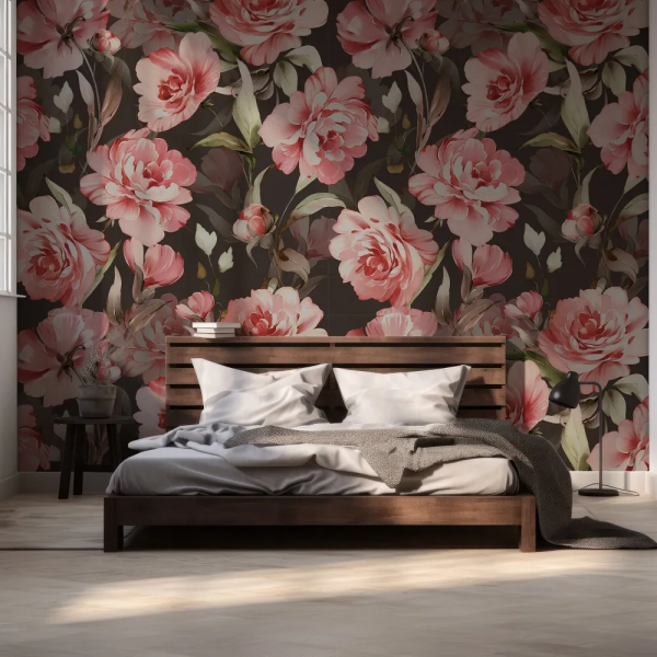 Papel de Parede Rosas Pink e Folhas Verdes MP