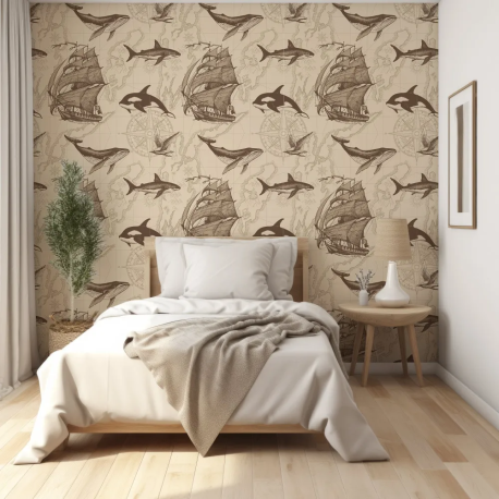 Papel de Parede Mapa Nutico com Animais Marinhos MP