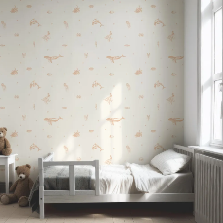 Papel de Parede Animais Marinhos em Ouro e Creme MP
