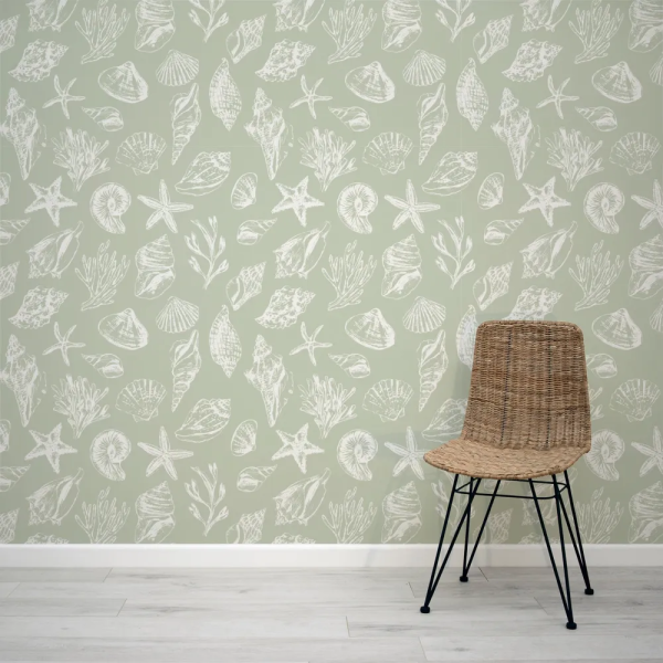 Papel de Parede Conchas Verdes e Brancas MP