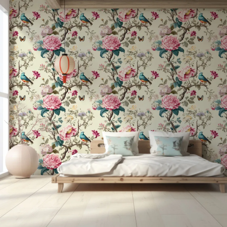 Papel de Parede Estilo Chinoiserie com Pssaros e Flores MP