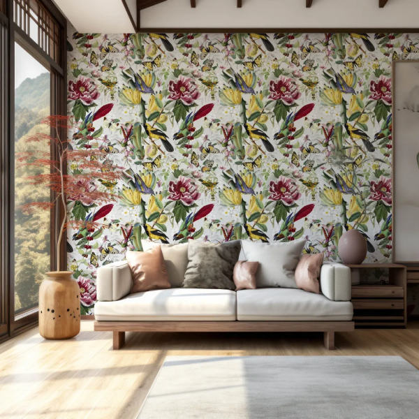 Papel de Parede Flores, Aves e Borboletas MP