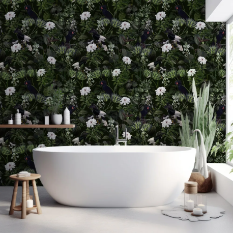 Papel de Parede Araras Negras e Flores Brancas na Selva MP
