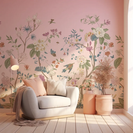 Papel de Parede Botnico Vitoriano Rosa com Flores e Pssaros MP