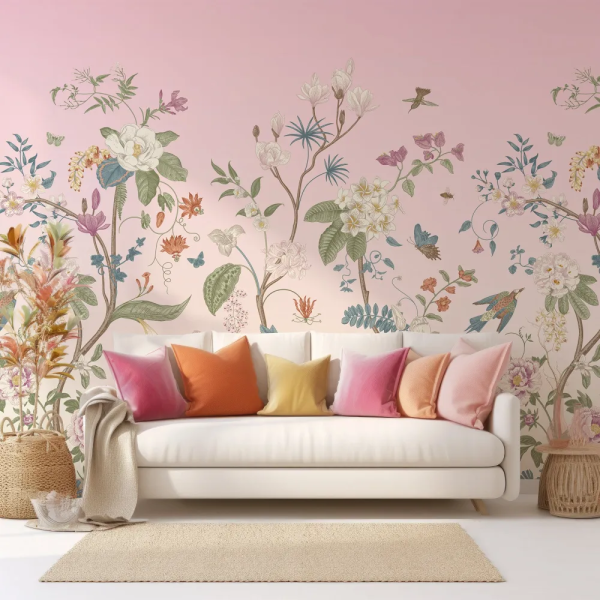 Papel de Parede Botnico Vitoriano Rosa com Flores e Pssaros MP