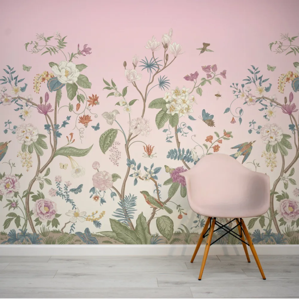 Papel de Parede Botnico Vitoriano Rosa com Flores e Pssaros MP