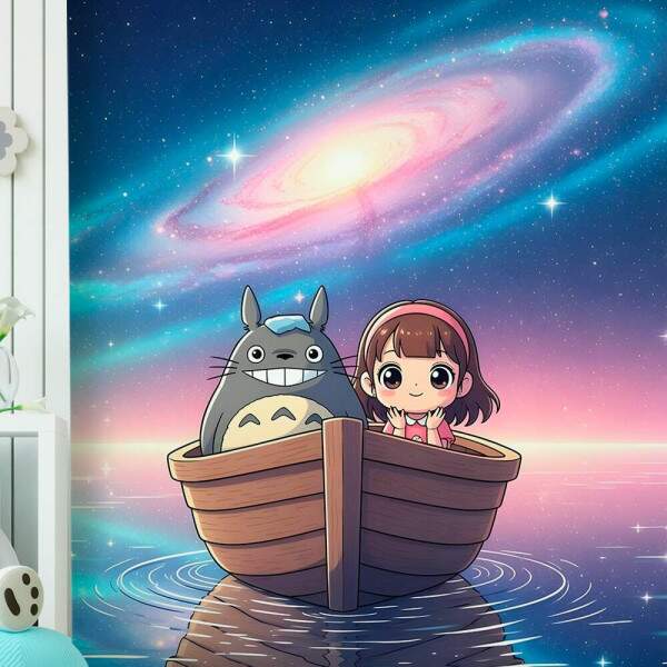 Papel de Parede Totoro e Garoto no Barco Vendo as Estrelas MP
