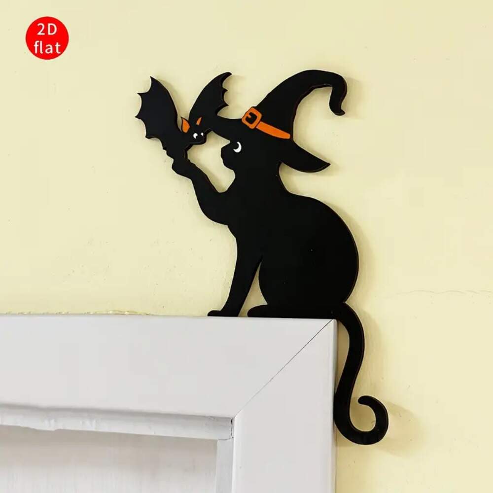 Placa Decorativa de MDF Halloween - Gato e Morcego