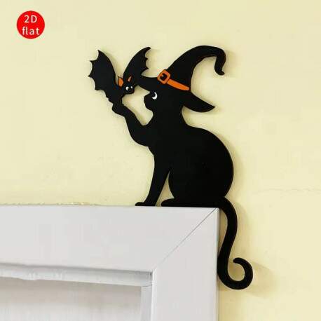 Placa Decorativa de MDF Halloween - Gato e Morcego