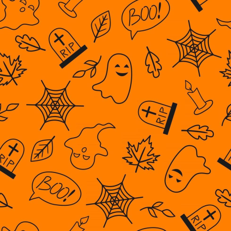 Papel de Parede Halloween Aboboras e Fantasminhas Vela Rip Teia de Aranha Boo
