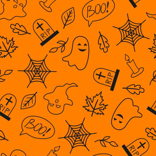 Papel de Parede Halloween Aboboras e Fantasminhas Vela Rip Teia de Aranha Boo