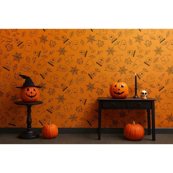 Papel de Parede Halloween Aboboras e Fantasminhas Vela Rip Teia de Aranha Boo