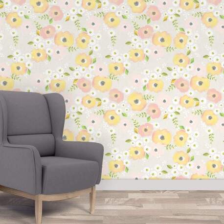 Papel de Parede Floral Mod - 367 Amarelo e Rosa