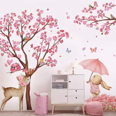 Adesivo de Parede Infantil Floresta Rosa com Animais