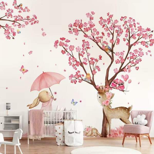 Adesivo de Parede Infantil Floresta Rosa com Animais