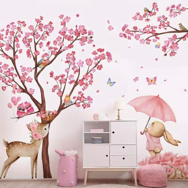 Adesivo de Parede Infantil Floresta Rosa com Animais