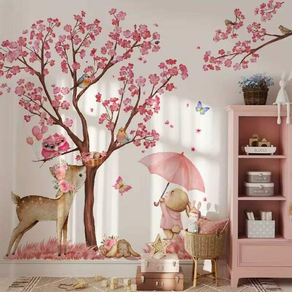 Adesivo de Parede Infantil Floresta Rosa com Animais