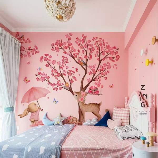 Adesivo de Parede Infantil Floresta Rosa com Animais