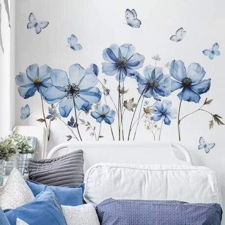 Adesivo de Parede Floral Azul com Borboletas
