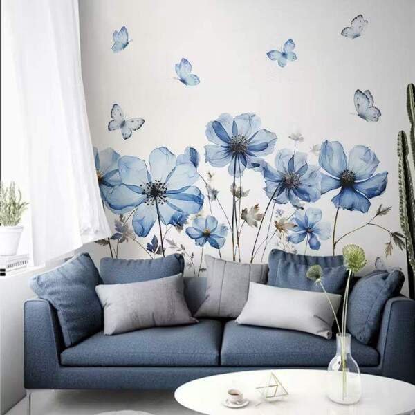 Adesivo de Parede Floral Azul com Borboletas