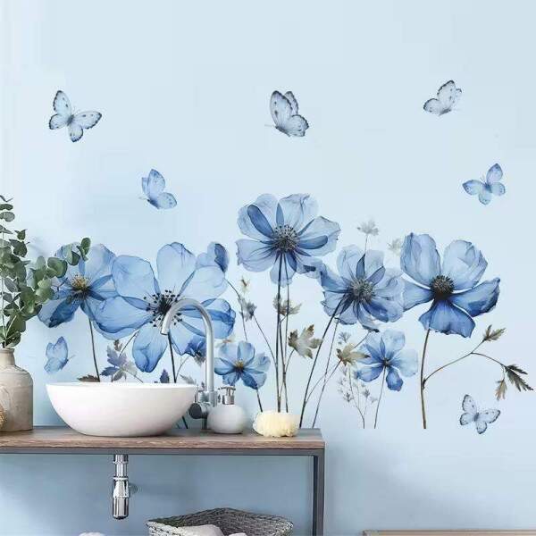 Adesivo de Parede Floral Azul com Borboletas