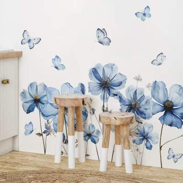 Adesivo de Parede Floral Azul com Borboletas