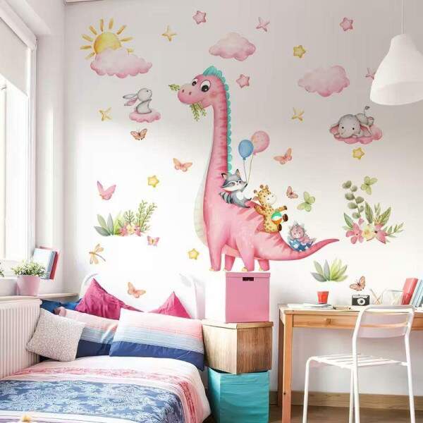 Adesivo de Parede Dinossauro Rosa e Amigos