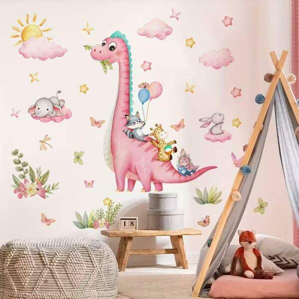 Adesivo de Parede Dinossauro Rosa e Amigos