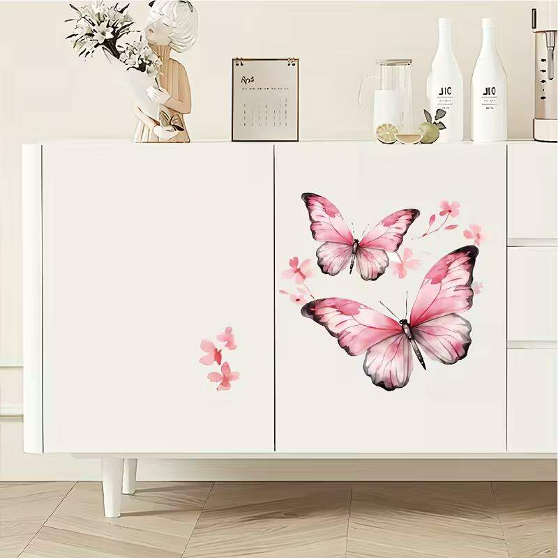 Adesivo de Parede Floral com Borboletas Rosas