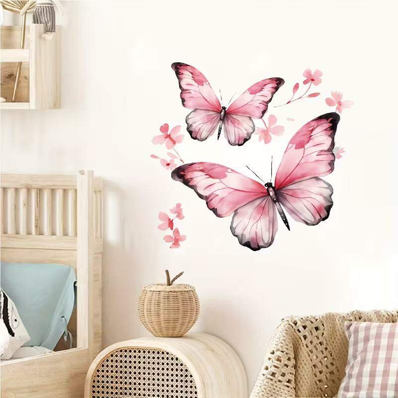 Adesivo de Parede Floral com Borboletas Rosas