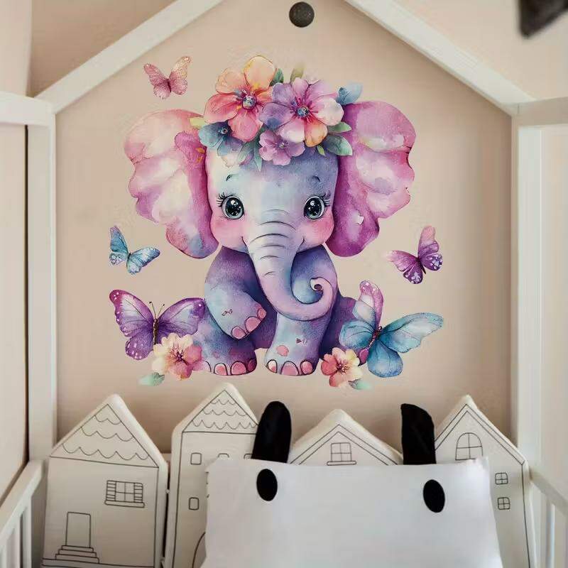 Adesivo de Parede Elefante e Borboletas Coloridas