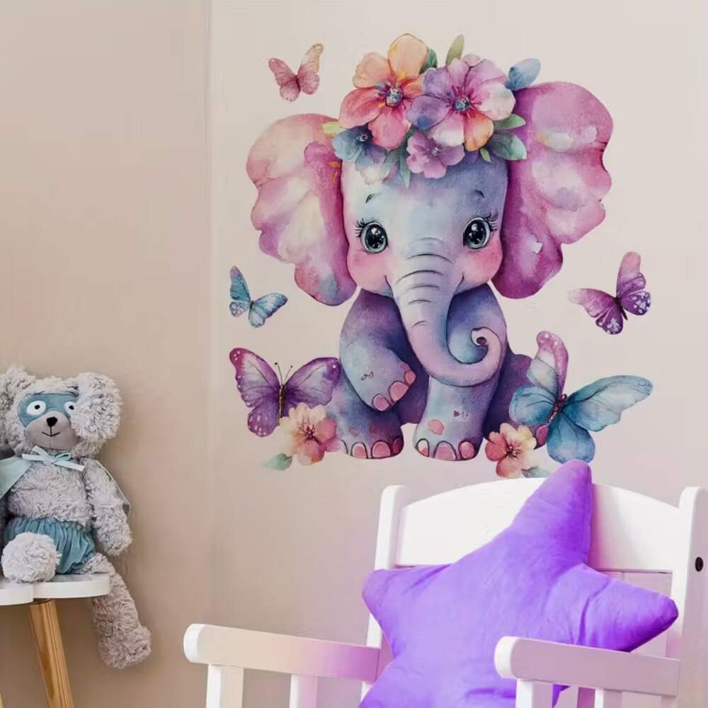 Adesivo de Parede Elefante e Borboletas Coloridas