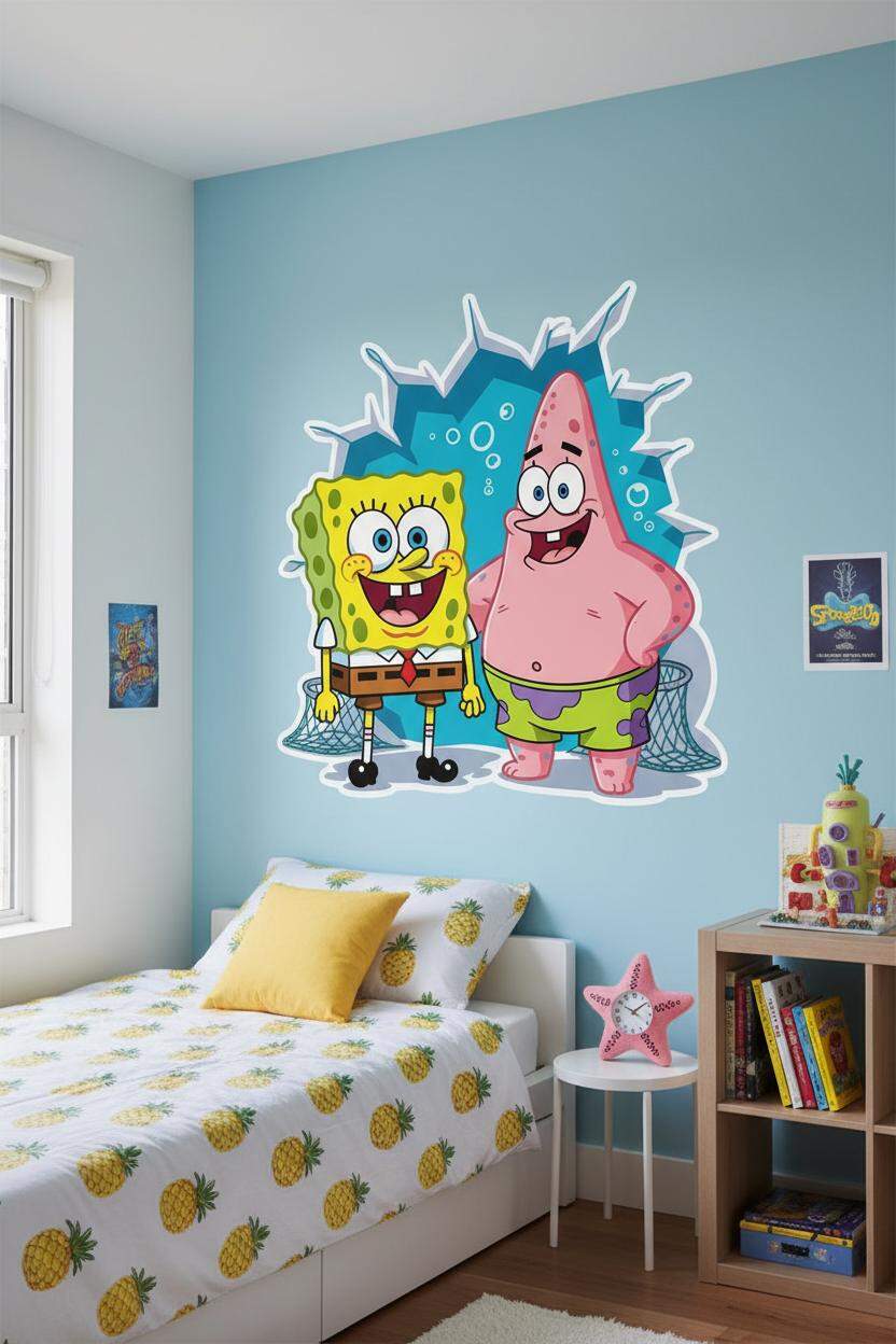 Adesivo de Parede 3D Bob Esponja e Patrick