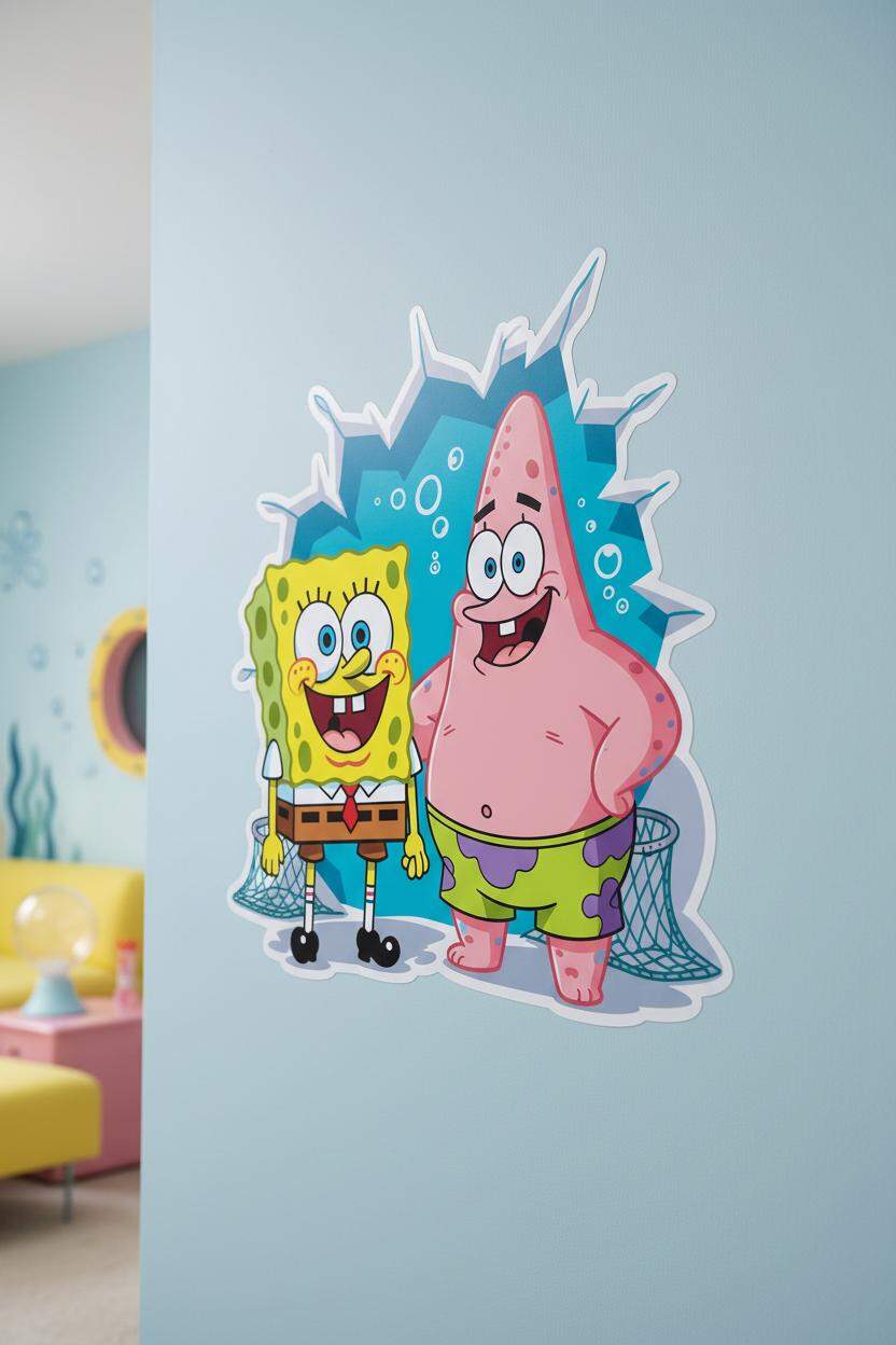 Adesivo de Parede 3D Bob Esponja e Patrick