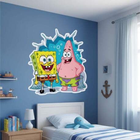 Adesivo de Parede 3D Bob Esponja e Patrick