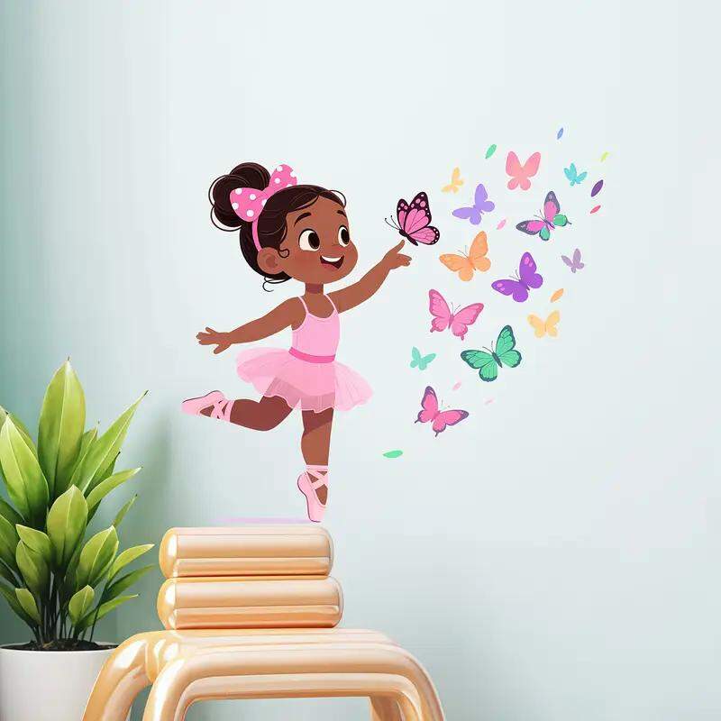 Adesivo de Parede Bailarina Colorida com Borboletas