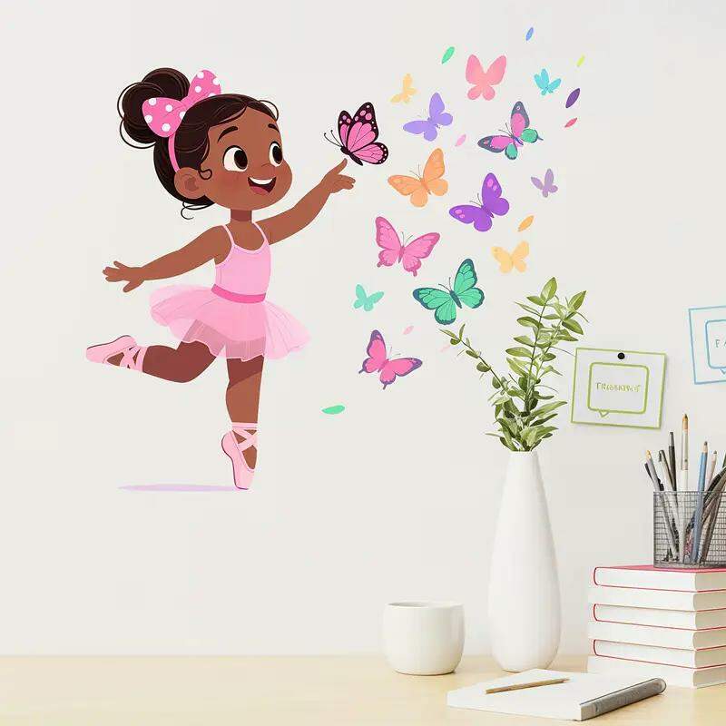 Adesivo de Parede Bailarina Colorida com Borboletas
