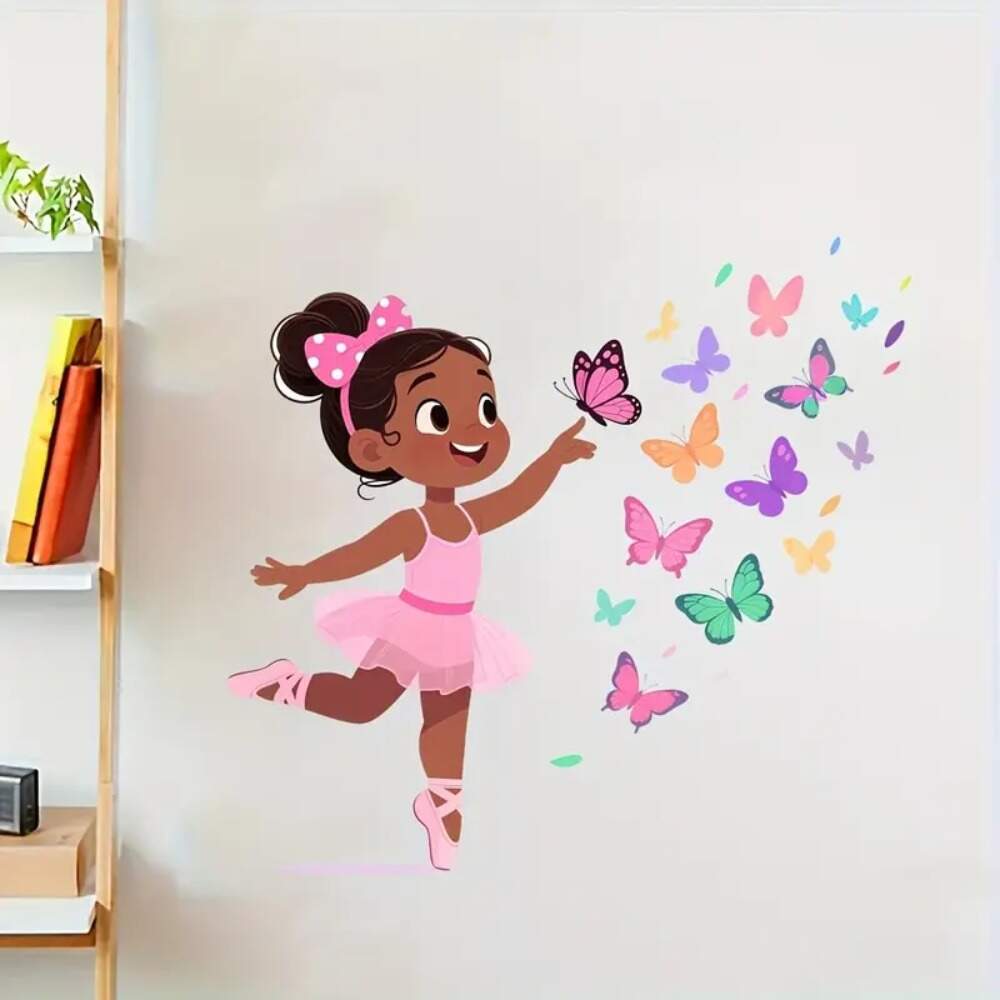 Adesivo de Parede Bailarina Colorida com Borboletas