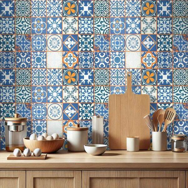 Papel de Parede Estilo Azulejo Portugu�s Azul