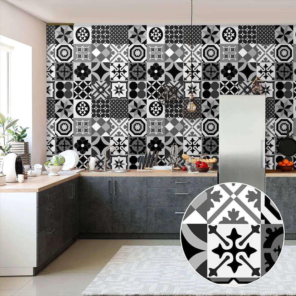 Papel de Parede Estilo Azulejo Portugu�s Preto e Branco