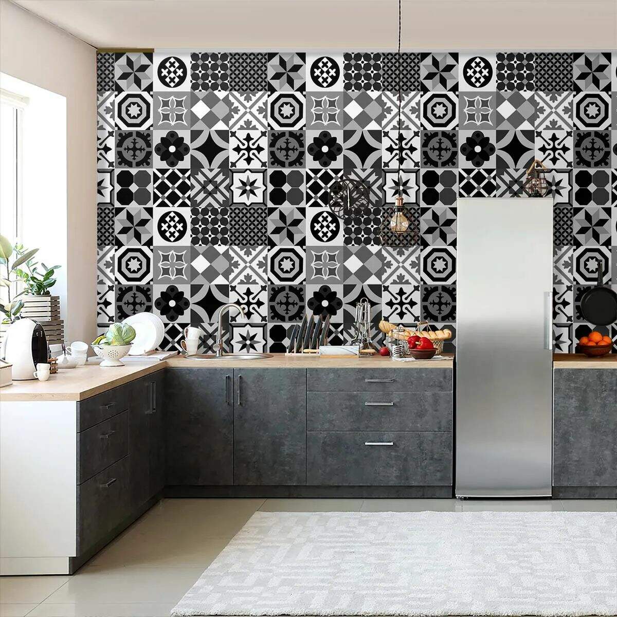 Papel de Parede Estilo Azulejo Portugu�s Preto e Branco