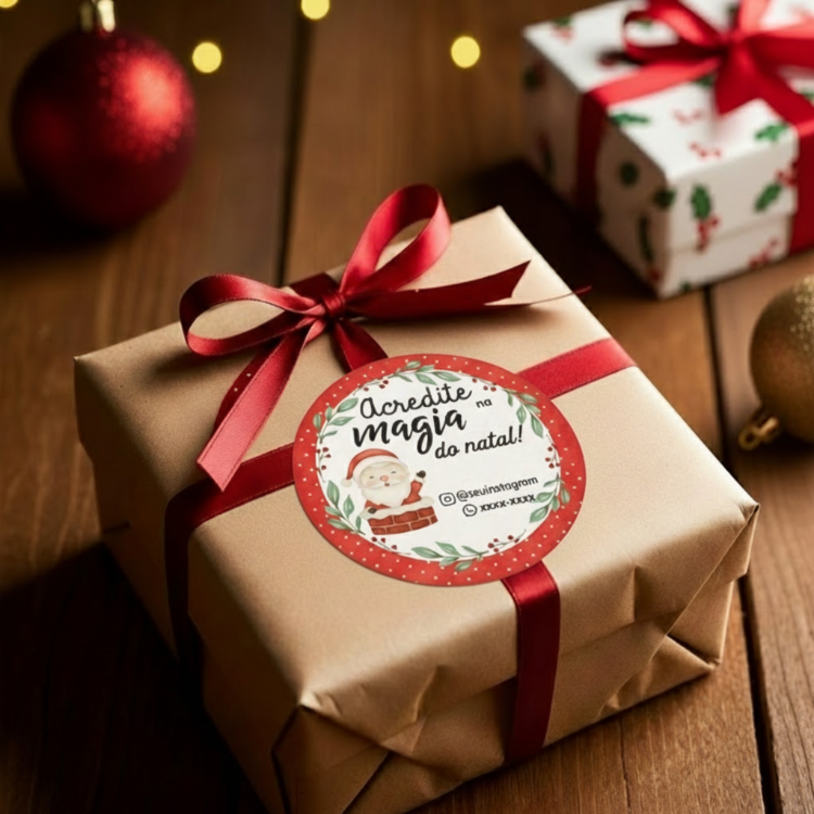 Etiquetas de Natal Redondas Personalizadas Papai Noel na Chamin�