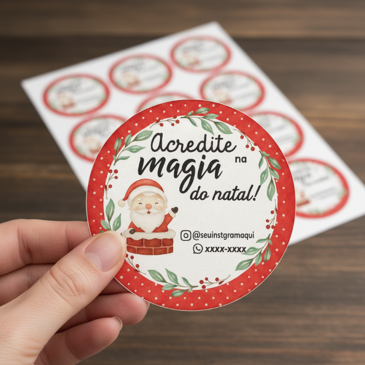 Etiquetas de Natal Redondas Personalizadas Papai Noel na Chamin