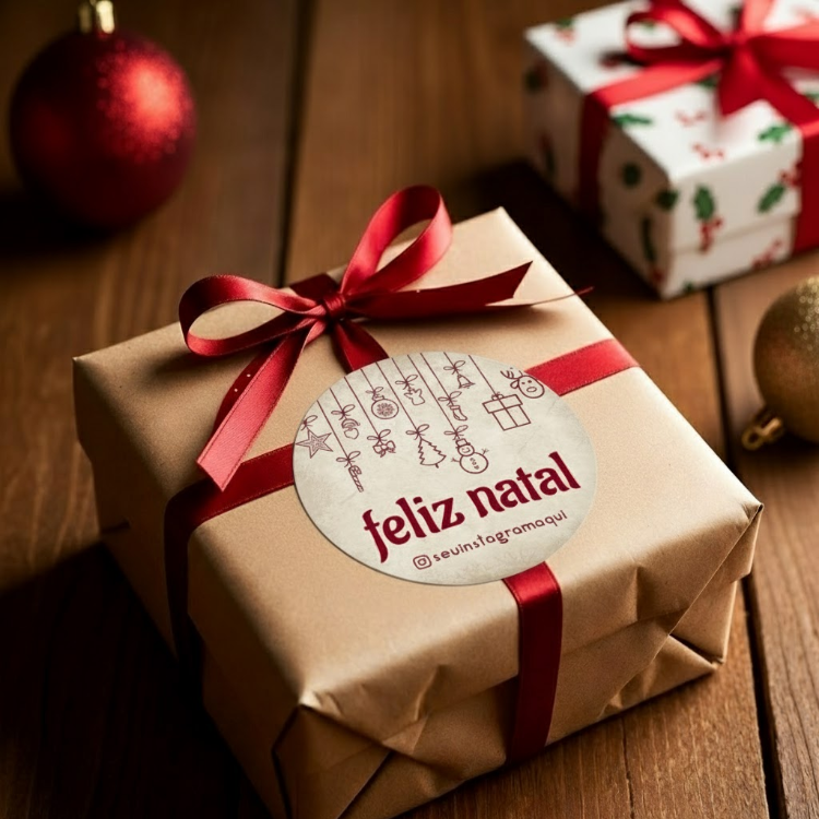 Etiquetas de Natal Redondas Personalizadas Bege e Vermelho