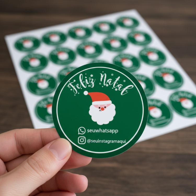 Etiquetas de Natal Redondas Personalizadas Papai Noel Fundo Verde