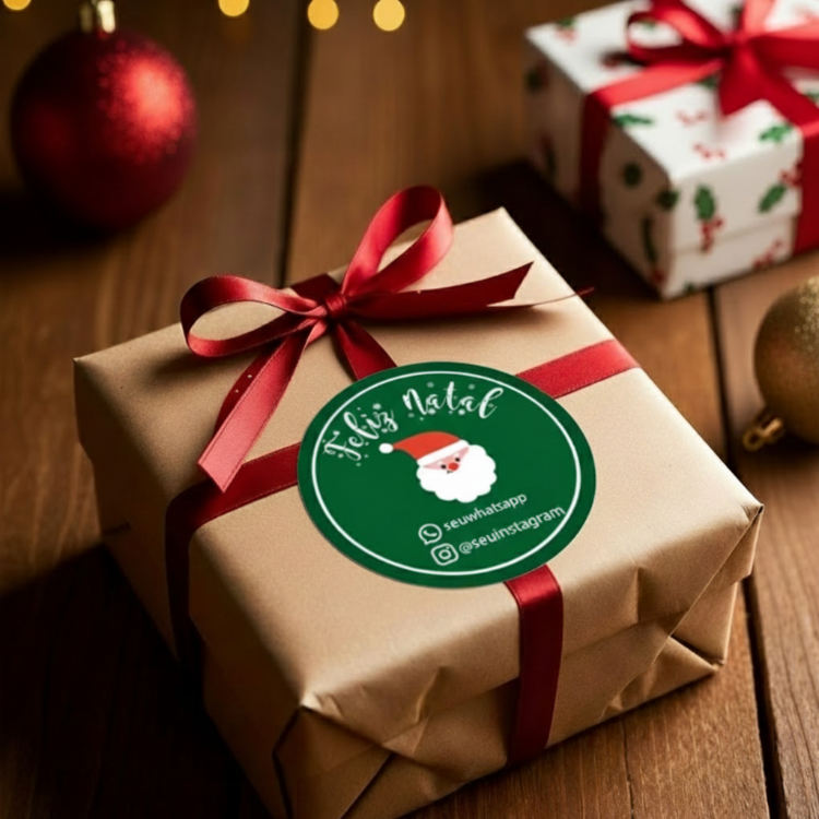 Etiquetas de Natal Redondas Personalizadas Papai Noel Fundo Verde
