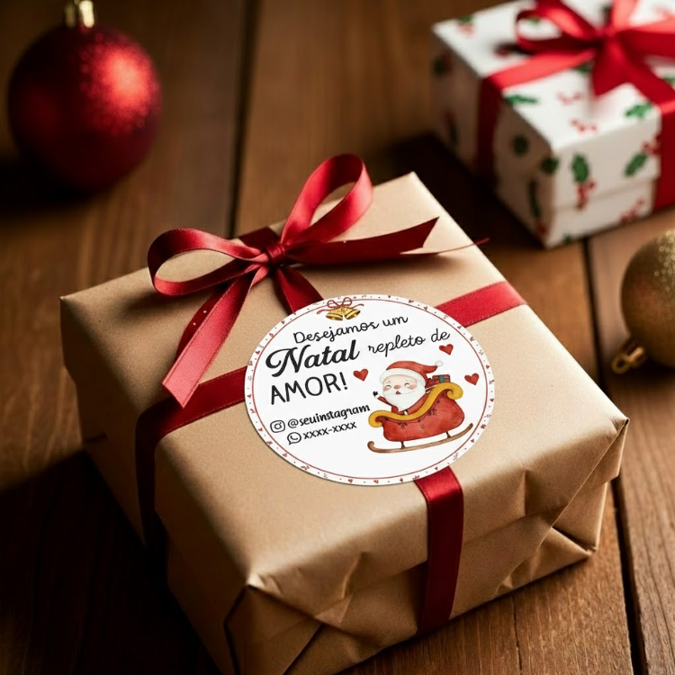 Etiquetas de Natal Redondas Personalizadas Papai Noel no Tren�